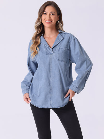 Allegra K Denim Pullover Collared Long Sleeve Casual Jean Blouses