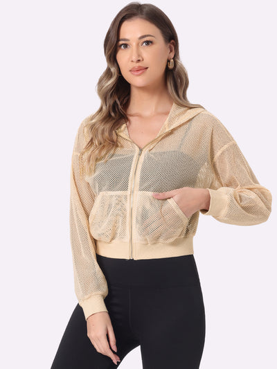 Hooded Zip Up Mesh Sheer Cropped Bomber Jacket