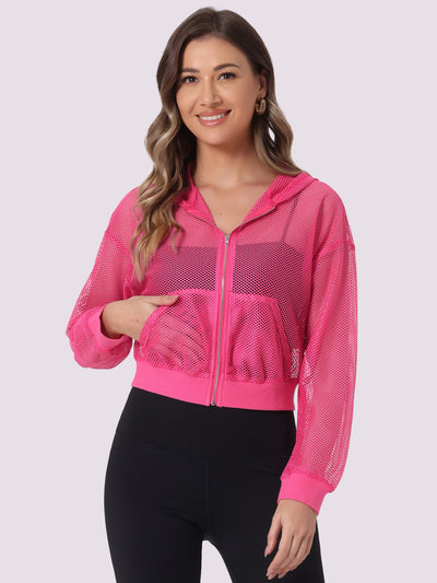 Hooded Zip Up Mesh Sheer Cropped Bomber Jacket