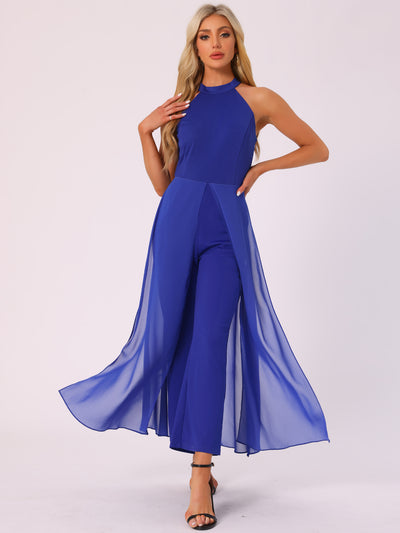 Sleeveless Halter Neck Belted Elegant Wedding Cocktail Dressy Jumpsuits