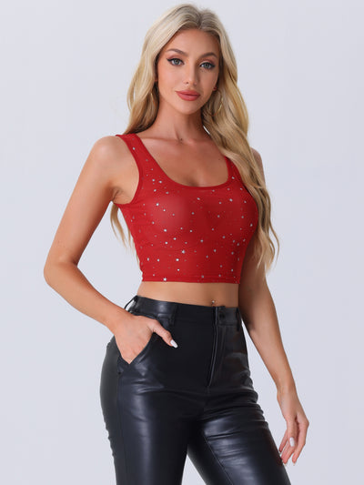 Sheer Mesh Scoop Neck Metallic Stars Sleeveless Party Cropped Top