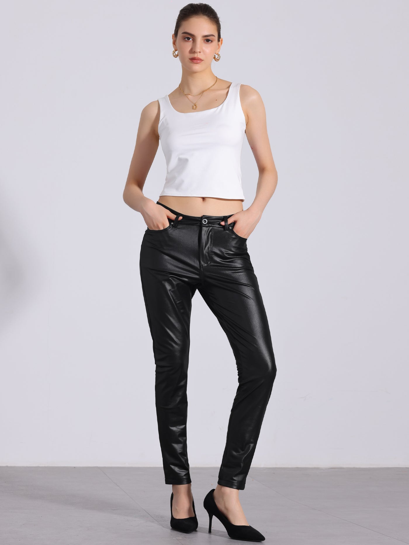 Allegra K Faux Leather High Waist Stretch Slim Fit Motorcycle Legging Pants