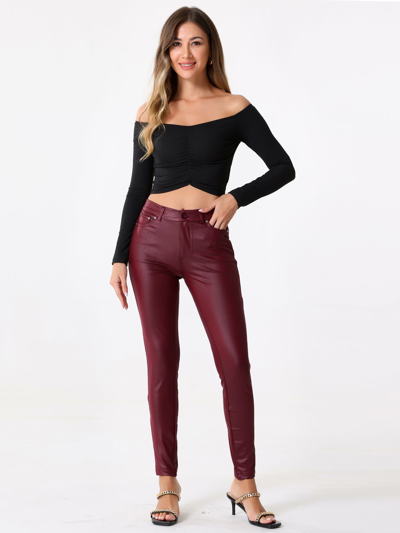 Allegra K Faux Leather High Waist Stretch Slim Fit Motorcycle Legging Pants