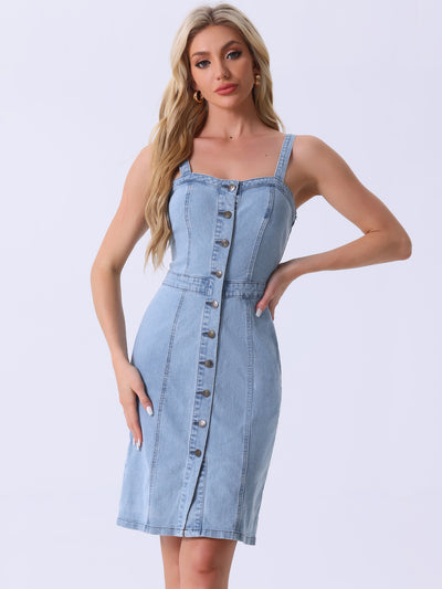 Button Down Denim Sleeveless Sweetheart Neck Jeans Dress