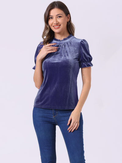 Ruffle Collar Short Cuff Sleeve Velvet Tops Blouse