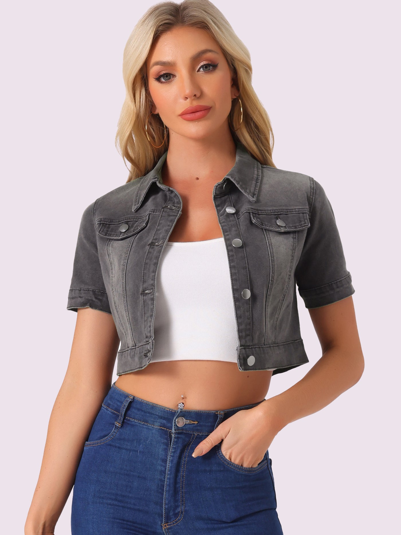 Allegra K Casual Lapel Short Sleeve Crop Top Jean Denim Jacket