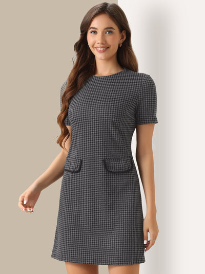 Work Short Sleeve Vintage Houndstooth Pencil Sheath Dress