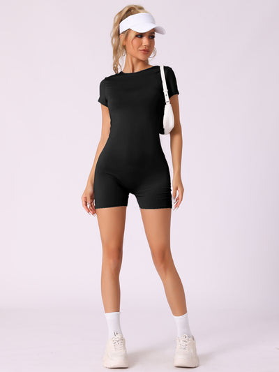 Allegra K Backless Round Neck Short Sleeves Leotard Romper