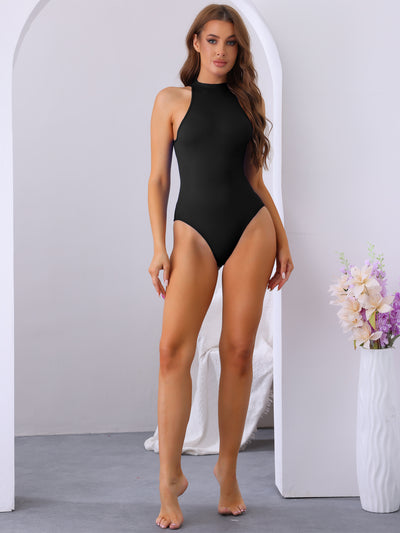 Halter Neck Sleeveless Solid Color Leotard Bodysuit