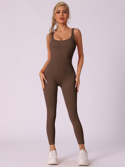 Allegra K U Neck One Piece Sleeveless Ribbed Workout Unitard Jumpsuit