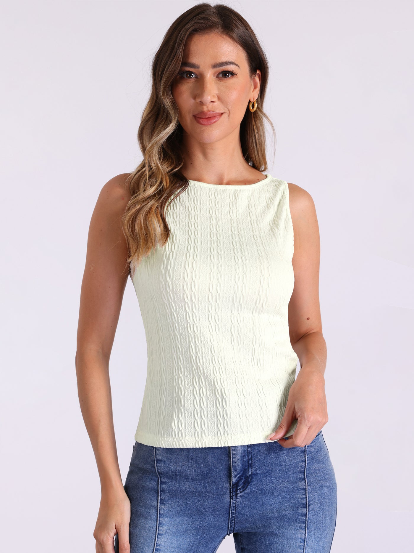 Allegra K Textured Sleeveless Boat Neck Fitted Basic Top