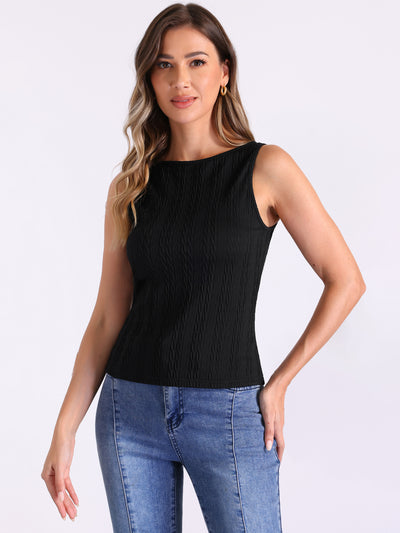 Textured Sleeveless Boat Neck Fitted Basic Top