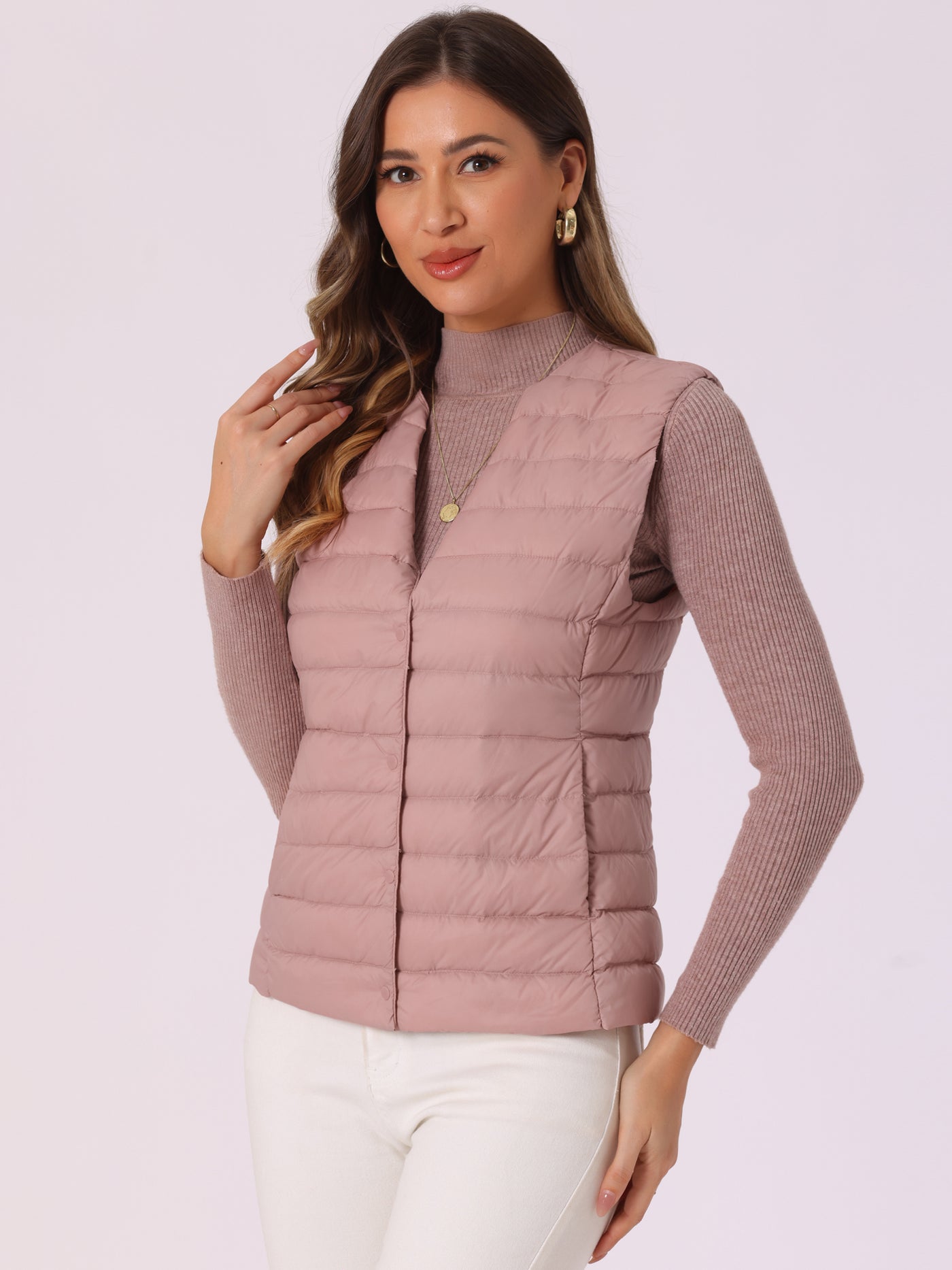 Allegra K Sleeveless Lightweight Button Up Quilted Puffer Vest