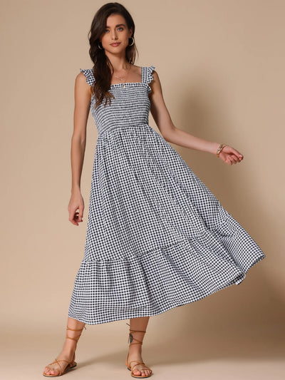 Allegra K Gingham Sleeveless Flowy A-Line Tiered Hem Smocked Midi Dress