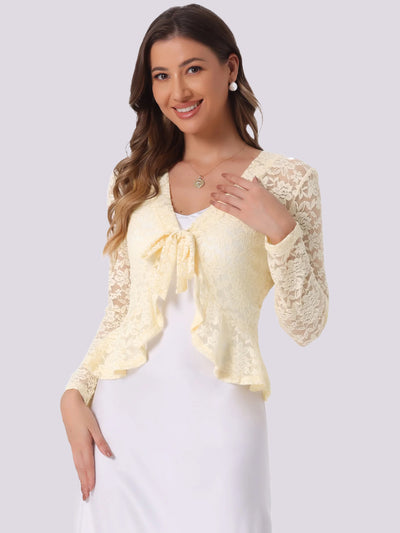 Floral Lace Shrug Tie Front Ruffled Hem Sheer Crop Bolero