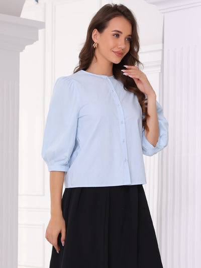 Allegra K Button Down Cotton Puff Sleeve Crew Neck Blouse