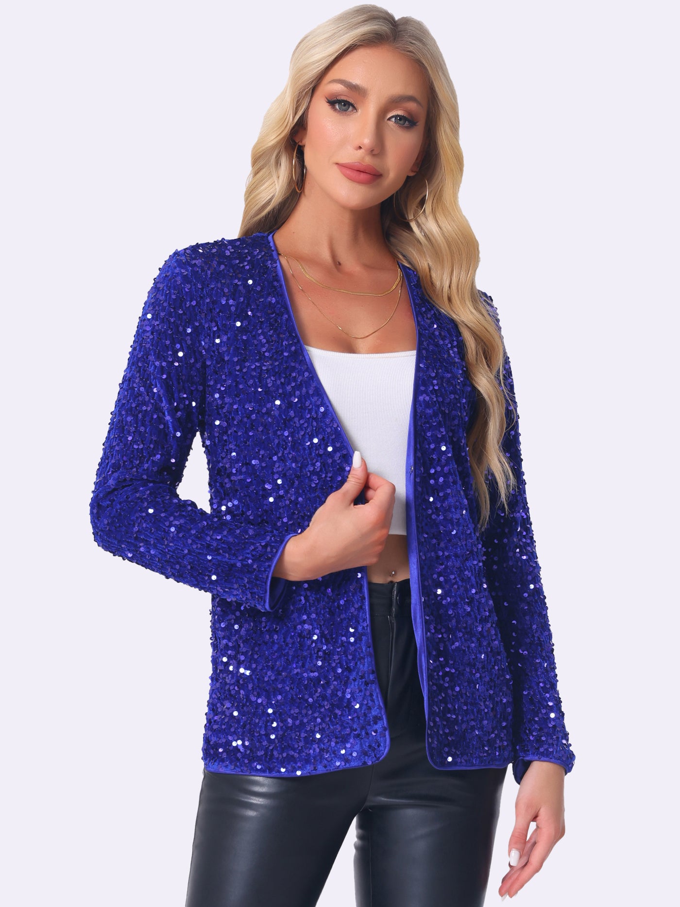 Allegra K Long Sleeve Glitter Party Sequin Open Front Jacket