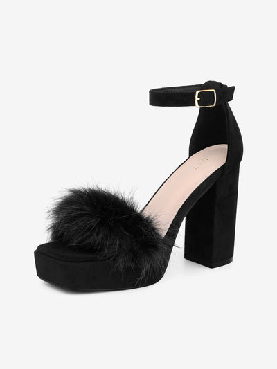 Women's Platform Ankle Strap Faux Fur Square Toe Chunky Heels Sandals