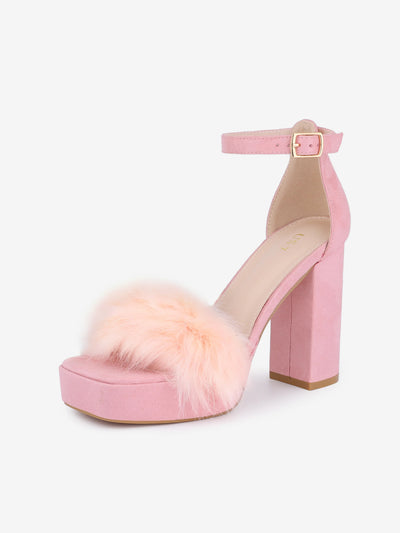 Women's Platform Ankle Strap Faux Fur Square Toe Chunky Heels Sandals