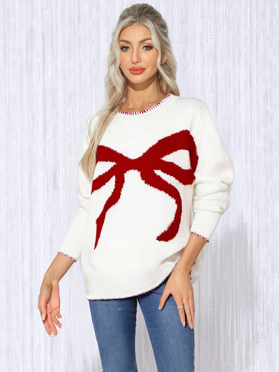 Loose Long Sleeve Round Neck Christmas Bow Sweater