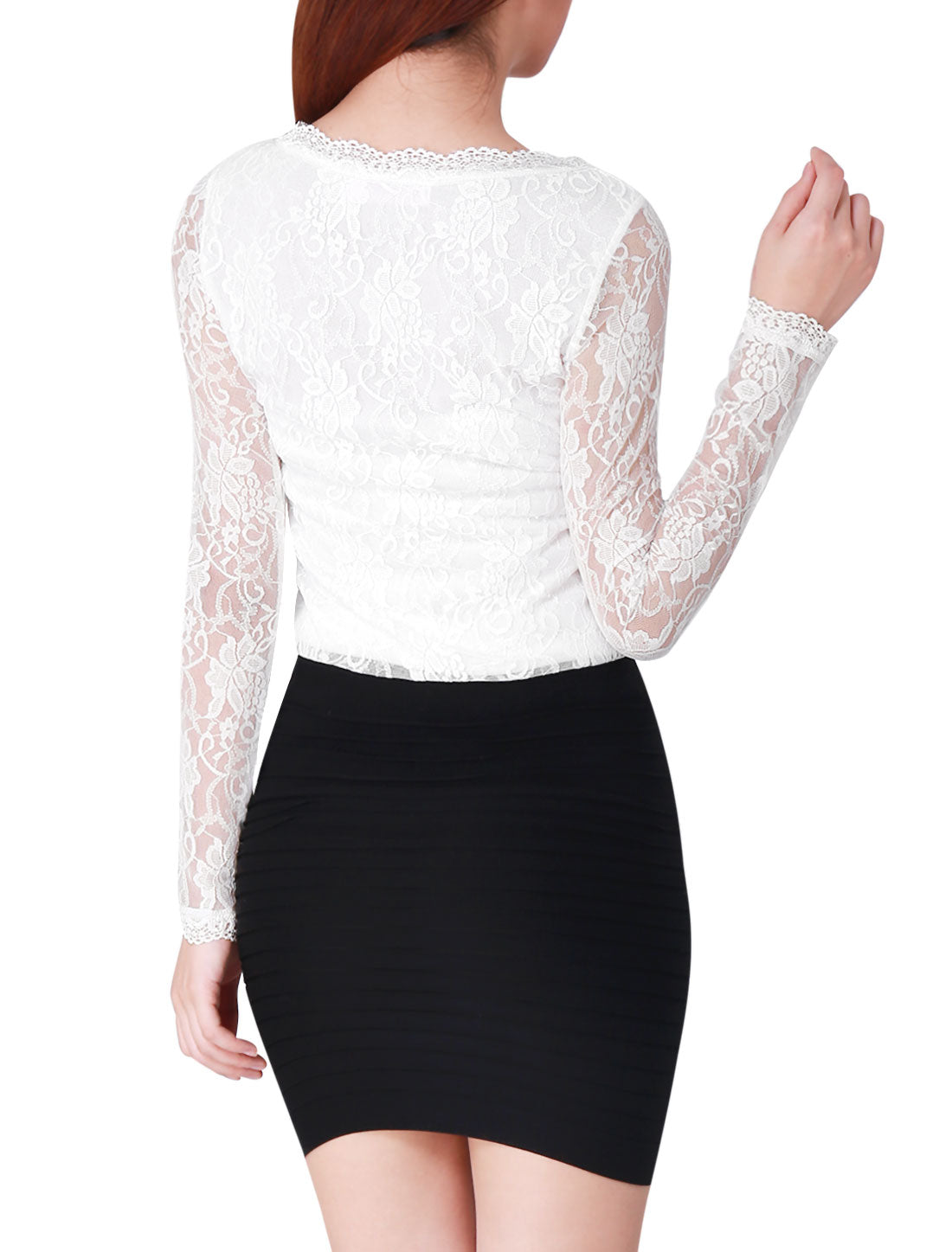 Allegra K Crew Neck Sheer Long Sleeve Flower Embroidery Lace Blouse