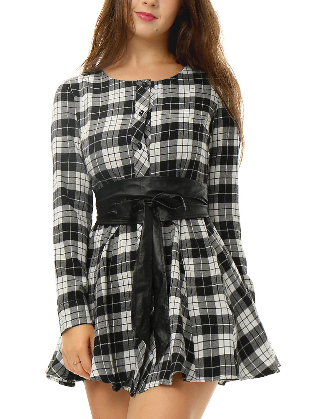 Allegra K Plaid Long Sleeve Button Down Belted Mini Shirtdress