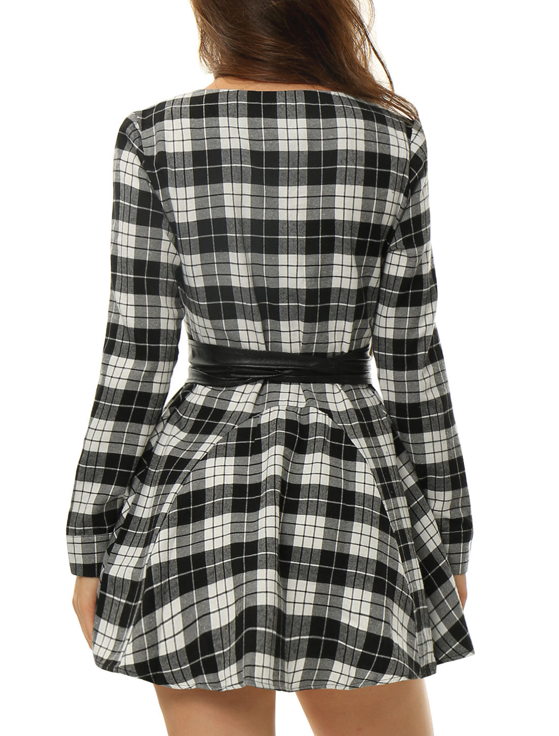 Allegra K Plaid Long Sleeve Button Down Belted Mini Shirtdress