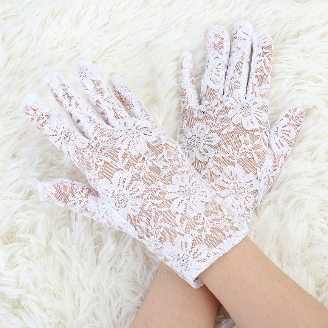Allegra K Floral 1920s Bridal Wedding Party Opera Full Finger Lace Gloves