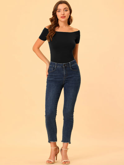 Off Shoulder Short Sleeve Solid Basic Sexy Slim Fit Blouse