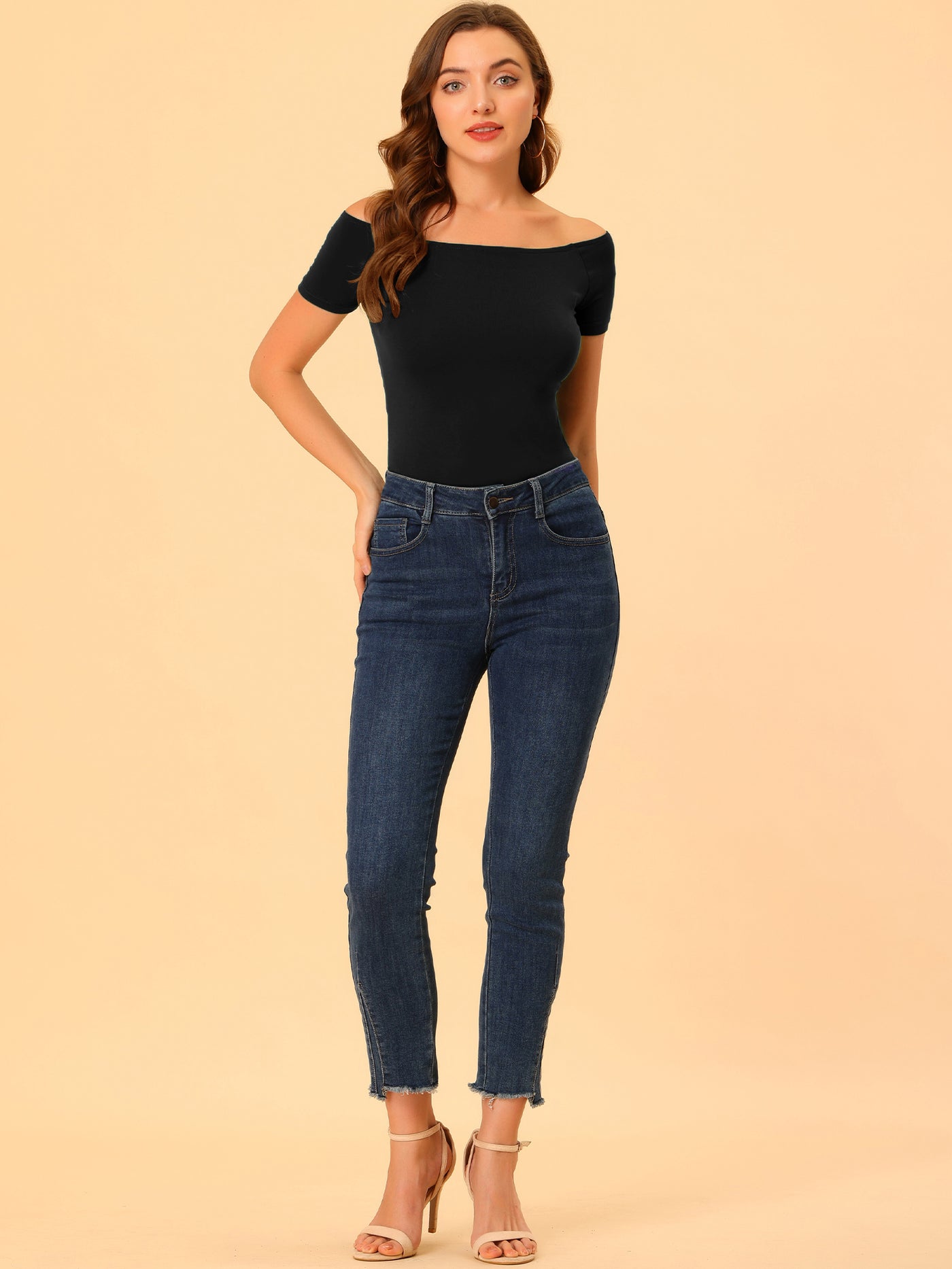 Allegra K Off Shoulder Short Sleeve Solid Basic Sexy Slim Fit Blouse