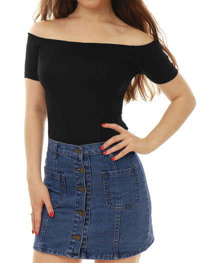 Off Shoulder Short Sleeve Solid Basic Sexy Slim Fit Blouse