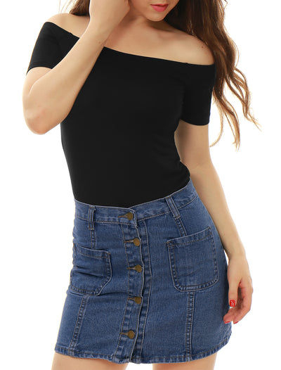 Off Shoulder Short Sleeve Solid Basic Sexy Slim Fit Blouse