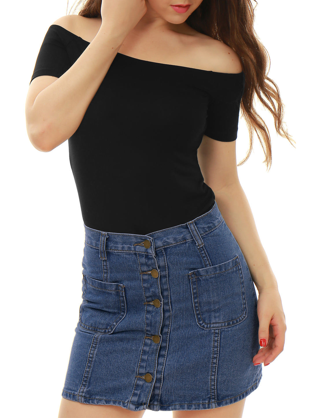 Allegra K Off Shoulder Short Sleeve Solid Basic Sexy Slim Fit Blouse