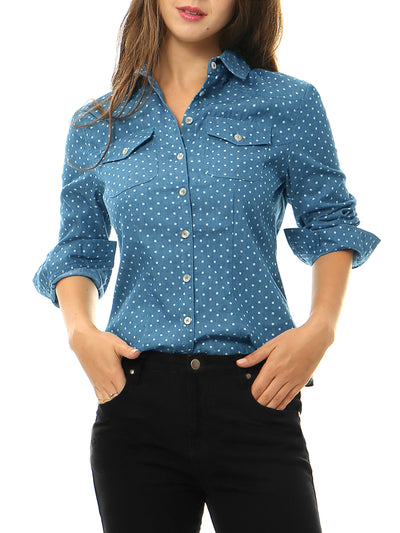 Button Down Long Sleeve Point Collar Chambray Poplin Shirt