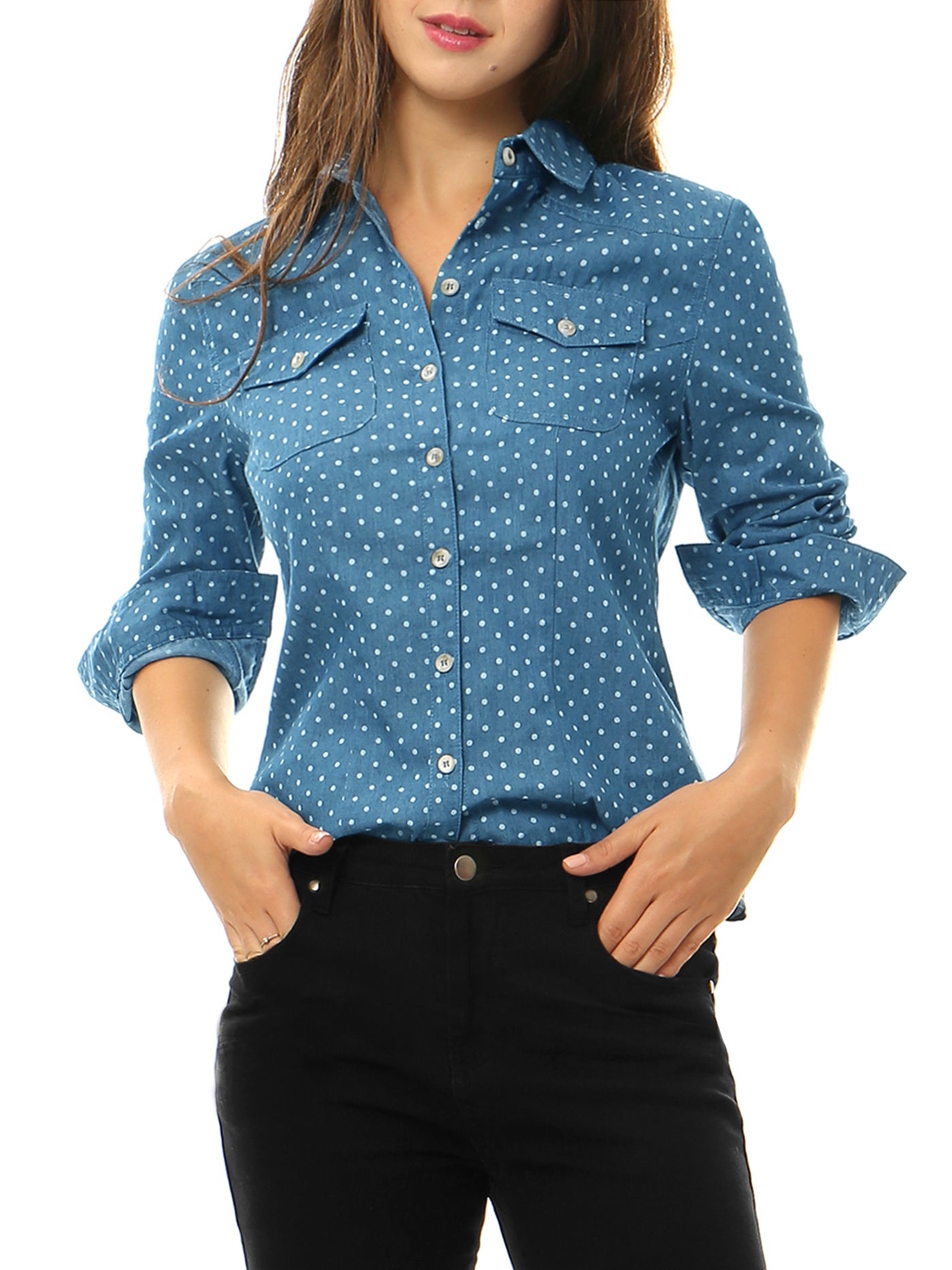 Allegra K Button Down Long Sleeve Point Collar Chambray Poplin Shirt