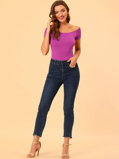 Off Shoulder Short Sleeve Solid Basic Sexy Slim Fit Blouse