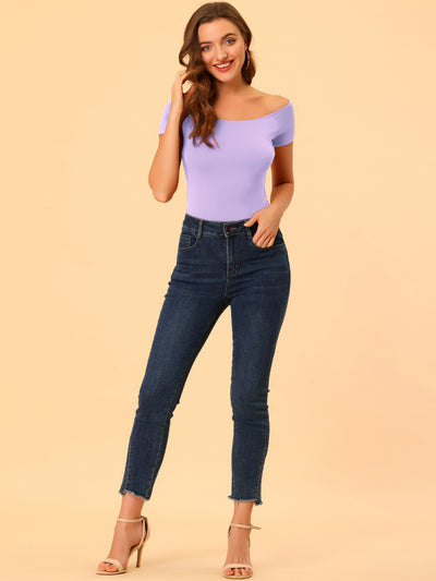 Off Shoulder Short Sleeve Solid Basic Sexy Slim Fit Blouse