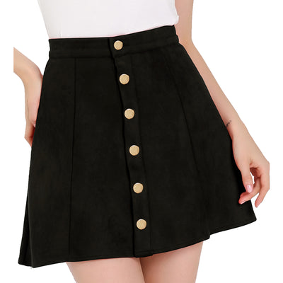 Faux Suede Button Closure A-Line High Waisted Short Skirt