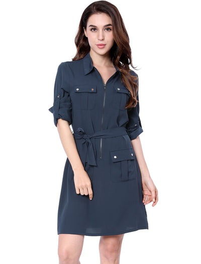 Roll Up Sleeve Multi-Pocket Safari Belted Collared Shirt Dress