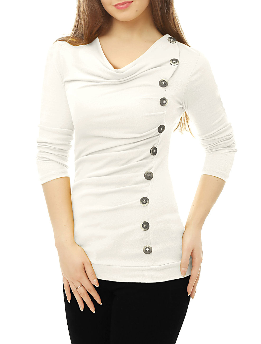 Allegra K Buttons Decor Cowl Neck Long Sleeve Ruched Top