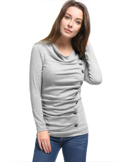 Cowl Neck Long Sleeve Button Decor Ruched Tunic