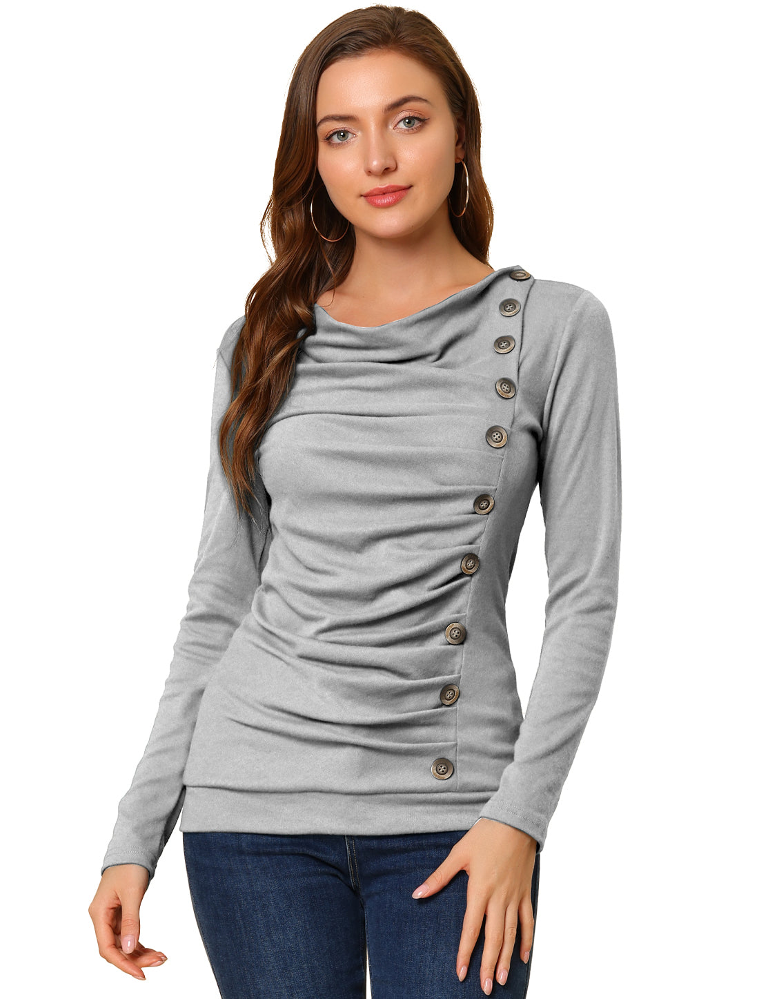 Allegra K Cowl Neck Long Sleeve Button Decor Ruched Tunic