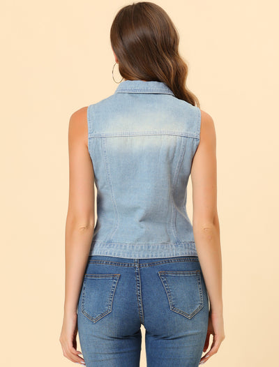 Buttoned Chest Flap Pocket Washed Denim Jacket Vest