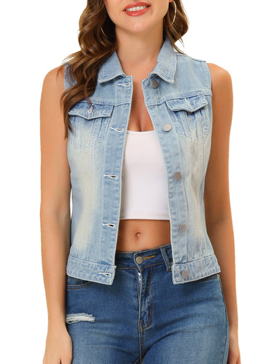 Buttoned Chest Flap Pocket Washed Denim Jacket Vest