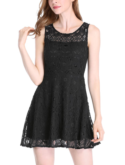 Floral Lace Sleeveless Crew Neck Flare A-Line Mini Dress