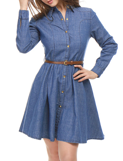 Denim Button Down Belted Pleated Flare A-line Shirt Dress