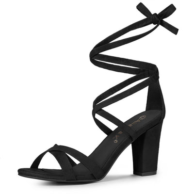 Elegant Faux Suede Ankle Lace Up High Block Heel Sandals