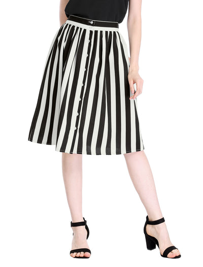 Striped Button Front Elastic Back Waist A-Line Midi Skirt