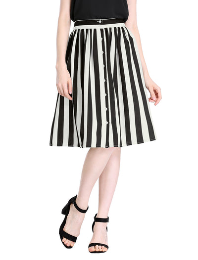 Striped Button Front Elastic Back Waist A-Line Midi Skirt