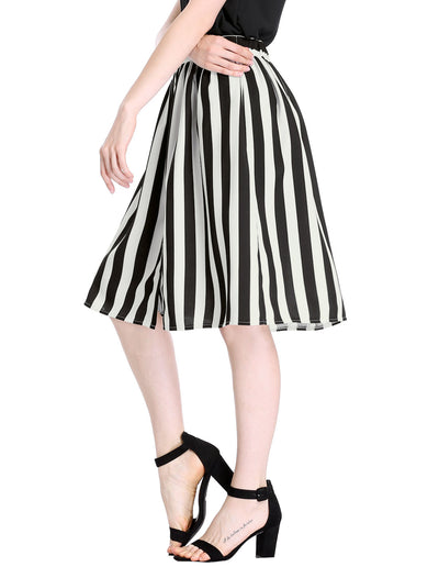 Striped Button Front Elastic Back Waist A-Line Midi Skirt